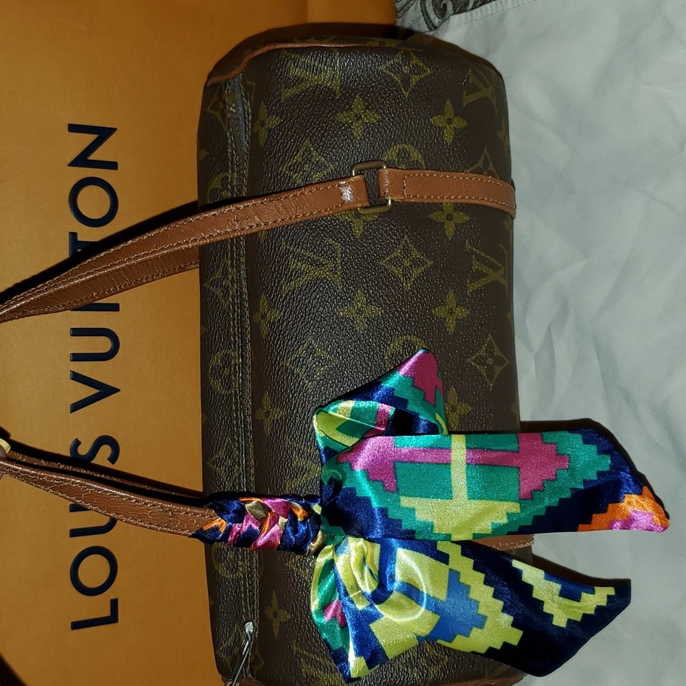 Louis Vuitton Brown Monogram Barrel Bag with Multicolor Silk Scarf Accent